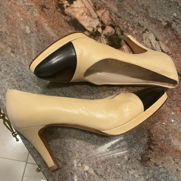 Chanel nude black cap toe classic pump platform heel 36.5 - Picture 9 of 16